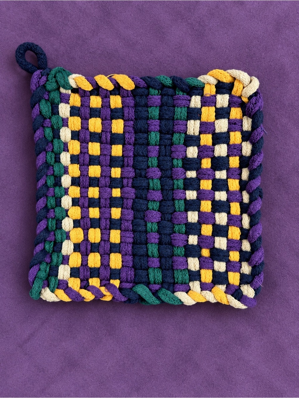 Handwoven Multi-Color Cotton Pot Holder - Purple, Green, Yellow, Cream, Navy